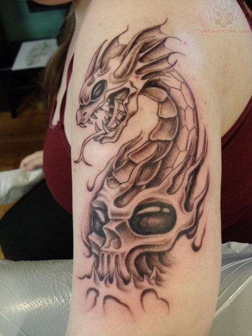 Dragon Skull Bio Mechanical Tattoo On Half Sleeve