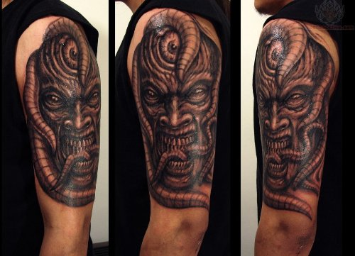 Bio Mechanical Demon Tattoo On Half Sleeve