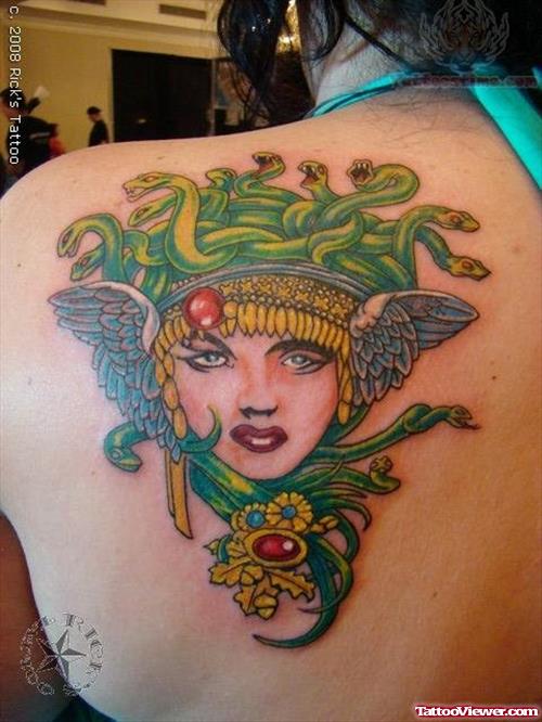 Color Ink Medusa Tattoo On Back Shoulder