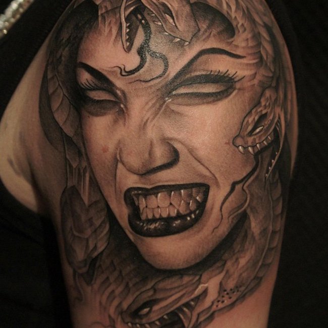 Angry Medusa Girl Tattoo On Left Shoulder