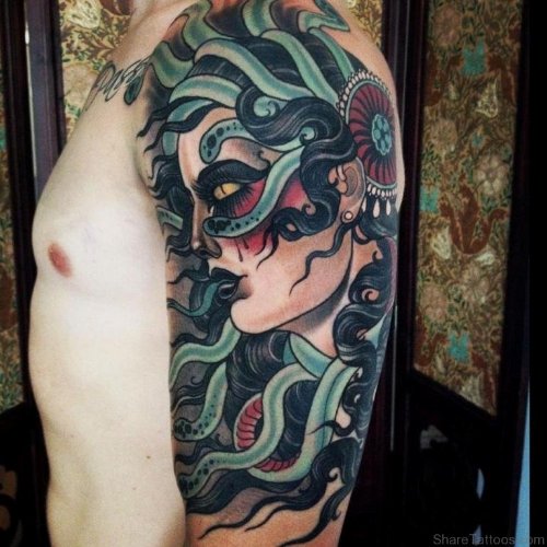 Man With Left Half Sleeve Medusa Tattoo