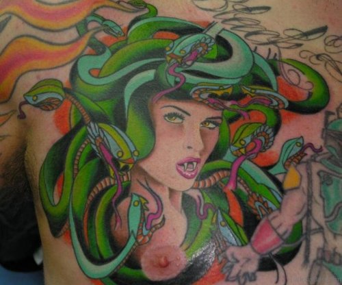 Color Ink Medusa Tattoo On Man Chest