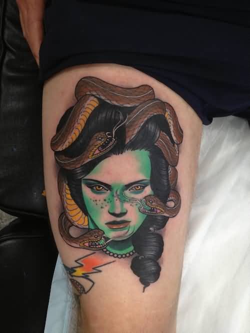 Medusa Girl Head Tattoo On Thigh by Dan Molloy