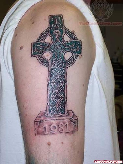 Memorial Cross Tattoo On Shoulder
