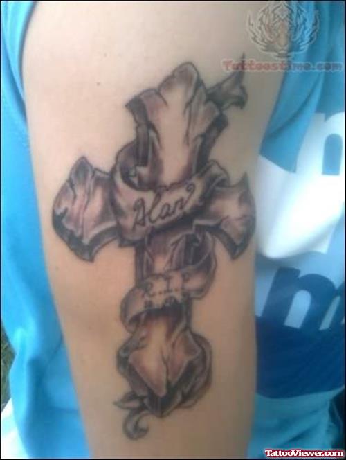 Cross Memorial Tattoo On Bicep
