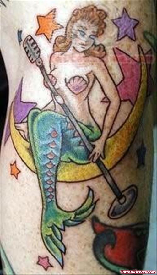 Colorful Mermaid and Moon Tattoo