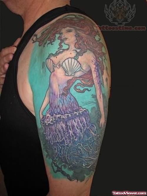 Fantsy Mermaid Tattoo On Shoulder
