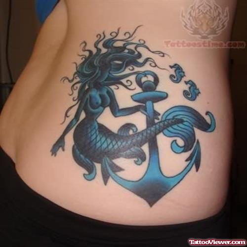 Mermaid And Anchor Tattoo On Hip