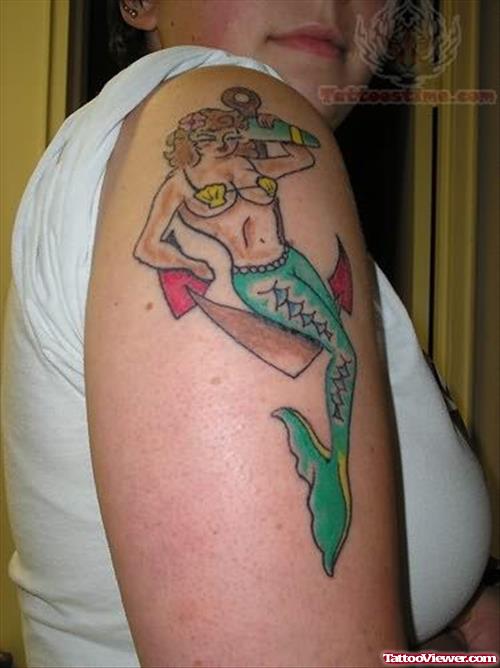 Mermaid Color ink Tattoo On Bicep