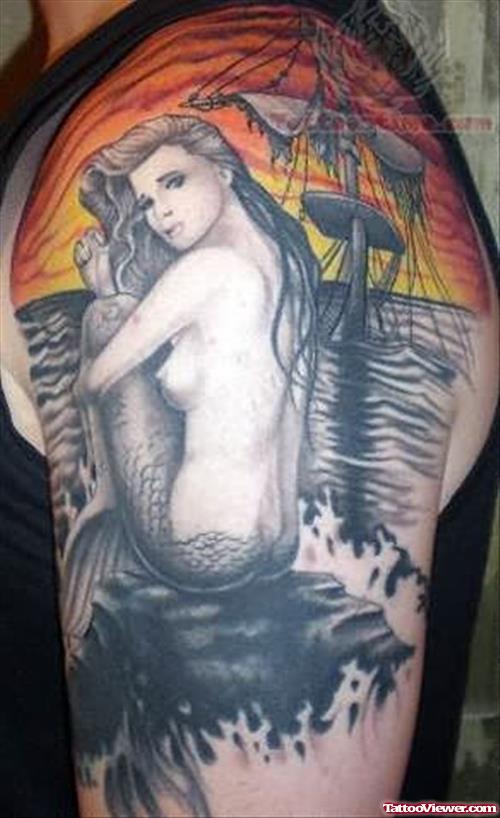 Grey Ink Mermaid Tattoo On SHoulder
