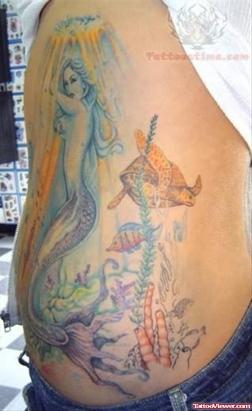 Mermaid Color Tattoo On Side Rib
