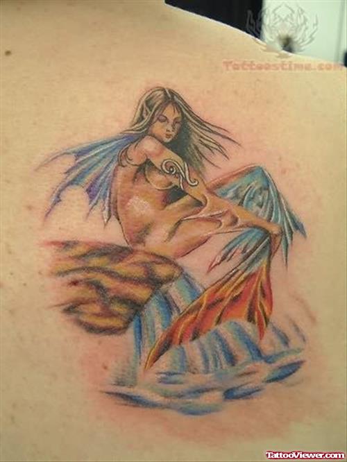 Mermaid And Sea Upper Back Tattoo