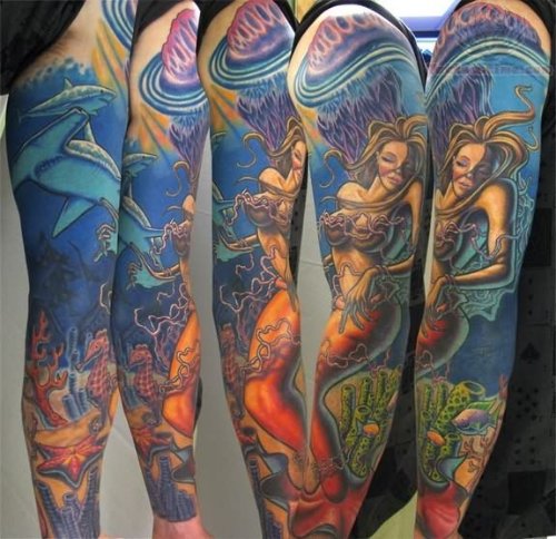 Colorful Mermaid Tattoo on Arms