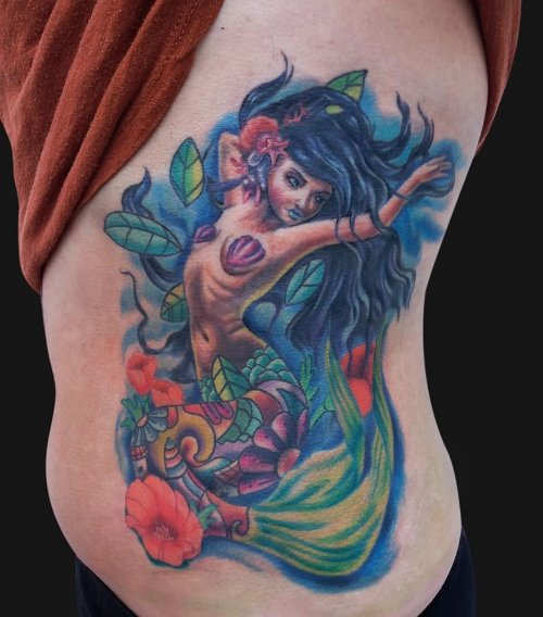 Amazing Color Flower And Mermaid Tattoo On Side