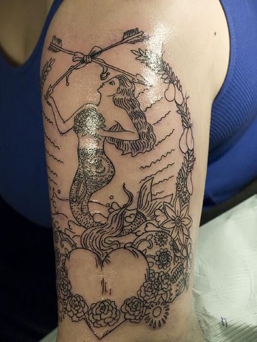 Flowers And Heart With Mermaid Tattoo On Left Half Sleeve