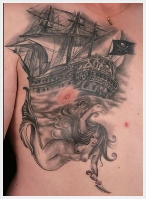 Awful Grey Ink Mermaid Tattoo On Back Body
