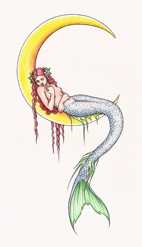 Mermaid Lying On Moon Tattoo Design