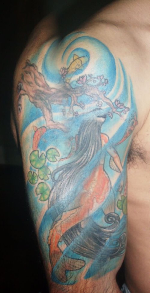 Man Right Half Sleeve Color Ink Mermaid Tattoo