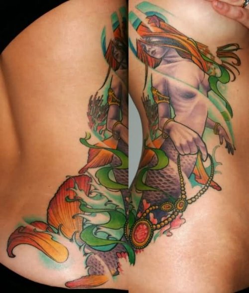 Rib Side Color Ink Mermaid Tattoo