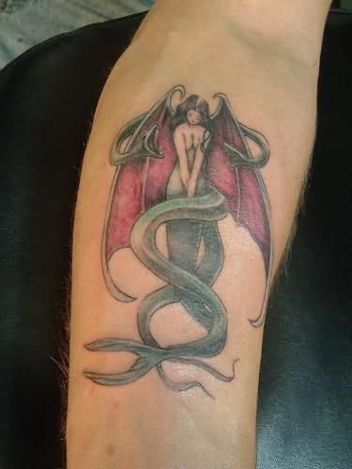 Left Forearm Snake And Mermaid Tattoo