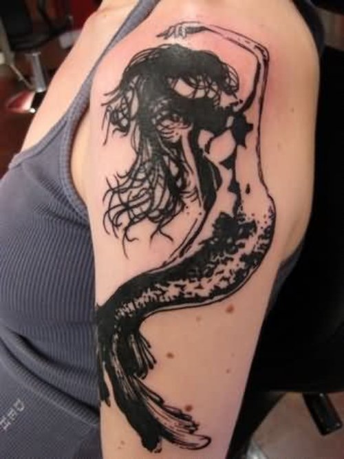 Beautiful Black Ink Mermaid Tattoo On Left Half Sleeve