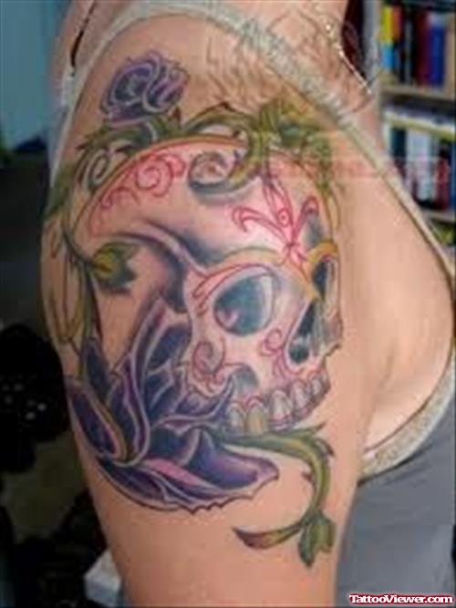 Mexican Color Ink Skull Tattoo On Shoulder