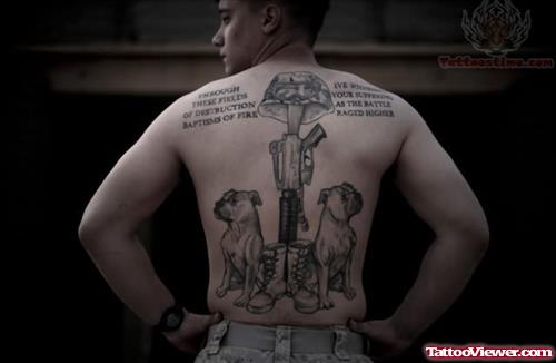 Military Eqipments And Dogs Tattoos On Back