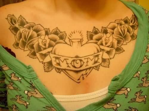 Grey Ink Heart And Mom Tattoo On Chest
