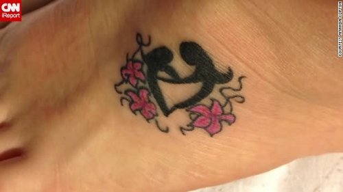 Left Foot Black Ink Daughter And Mother Tattoo