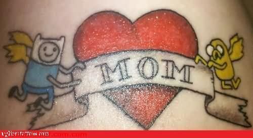 Unique Red Heart And Mom Banner Tattoo