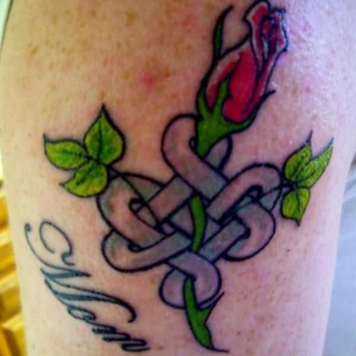 Rose Flower And Mom Tattoo On Shoulder