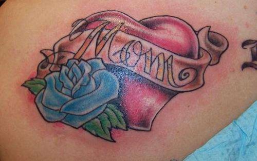 Blue Rose Flower And Mom Tattoo
