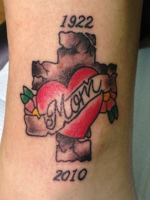Cross And Red Heart Memorial Mom Tattoo