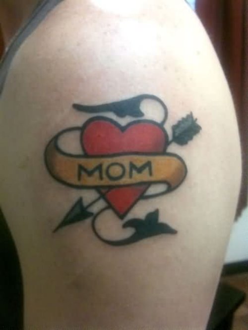 Left shoulder Heart And Mom Banner Tattoo