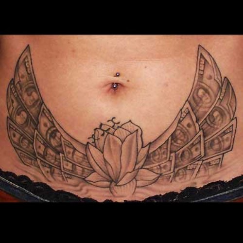 Flower And Money Tattoo On Belly