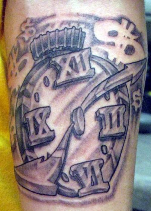 Grey Ink Clock Money Tattoo