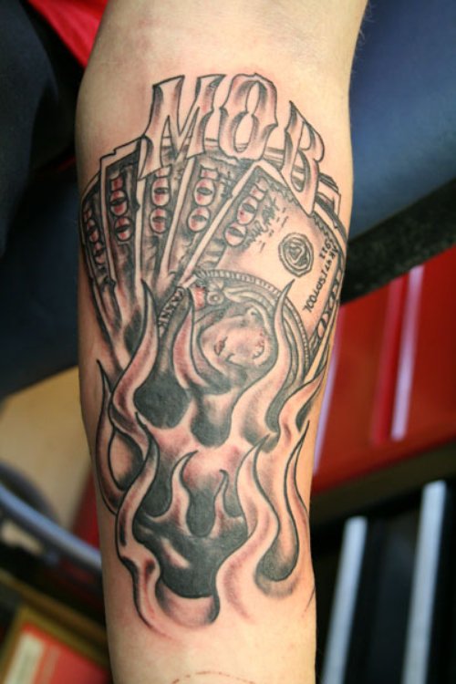 Awesome Flaming Money Tattoo On Sleeve
