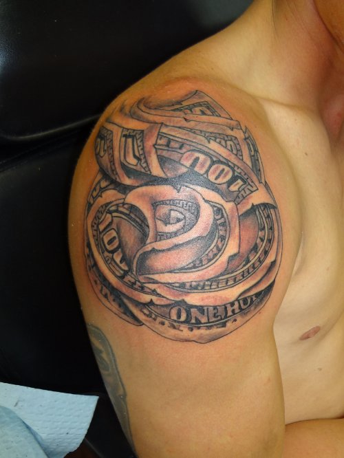 Grey Ink Money Rose Tattoo On Right Shoulder