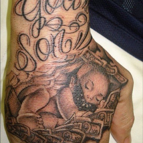 Grey ink Sleeping Money Tattoo On Right Hand