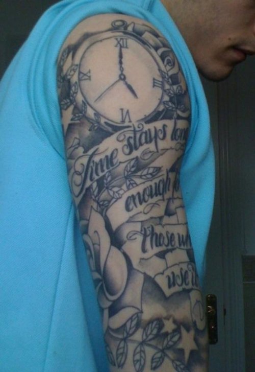 Grey Ink Clock And Money Tattoo On Right Sleeve