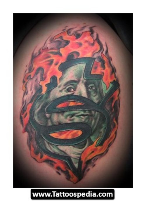 Colored Flaming Money Tattoo On Shoulder