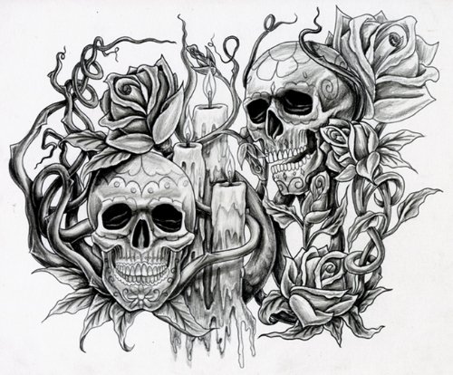 Grey Ink Skulls And Rose Flowers And Money Tattoo Design