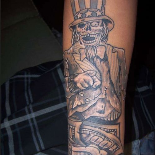 Skull Man Money Tattoo On Sleeve