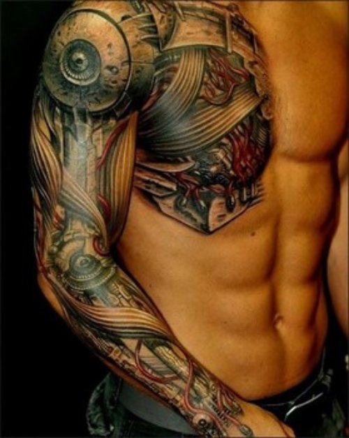 Money Tattoo On Man Chest and Sleeve