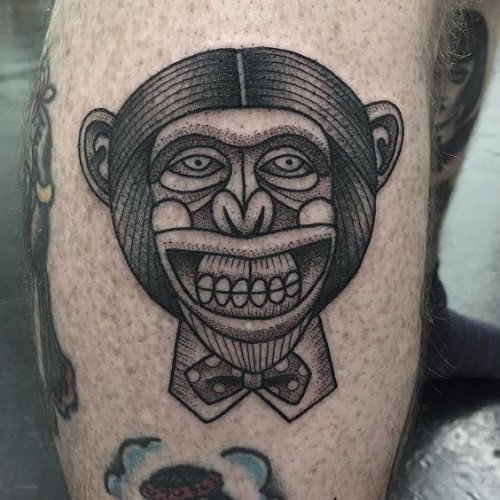 Dotwork Grey Ink Monkey Tattoo On Leg
