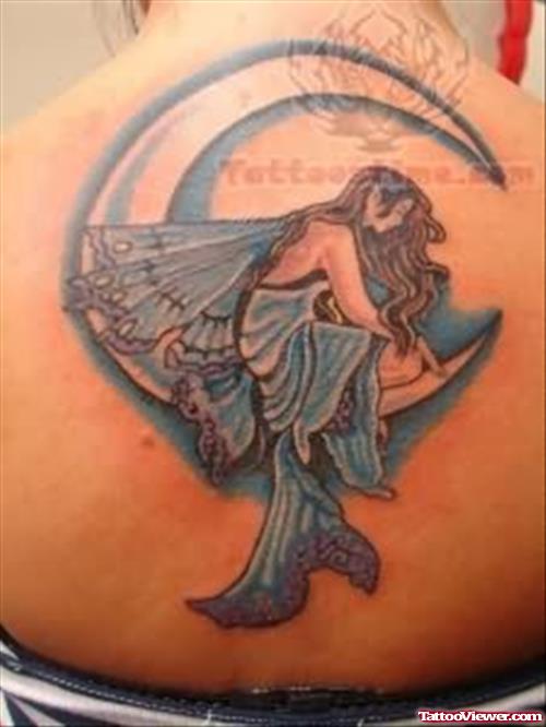 Moon And Fairy Tattoo On Upper Back
