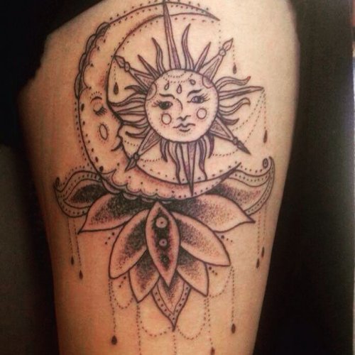 Mandala Flower With Moon Tattoo On Side Leg