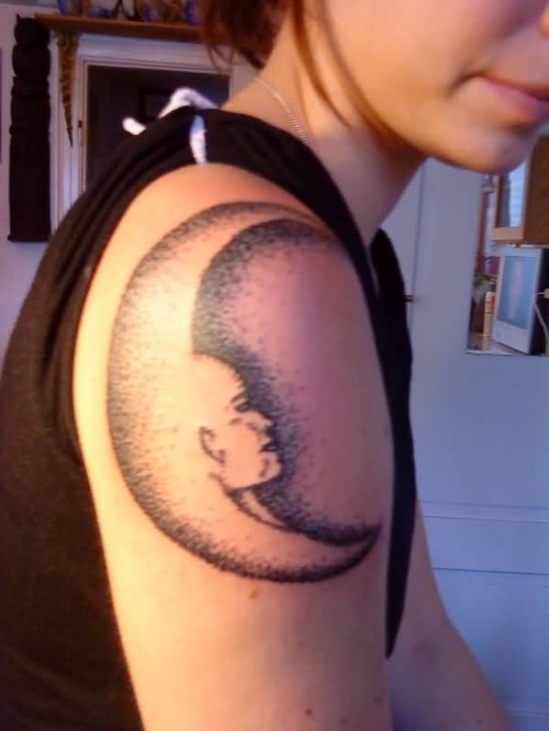 Dotwork Moon Tattoo On Girl Right Shoulder