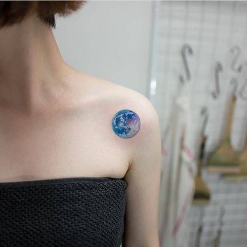 Blue Moon Tattoo On Girl Left Shoulder