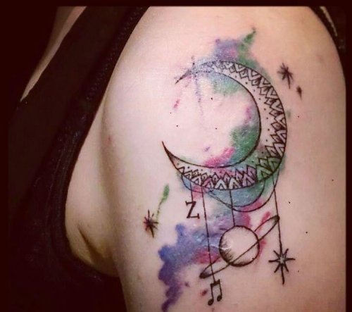 Watercolor Moon Tattoos On Left Shoulder